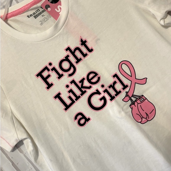 team tee Tops - White and Pink Short Sleeve Tee with Motivational Breast Cancer Graphic